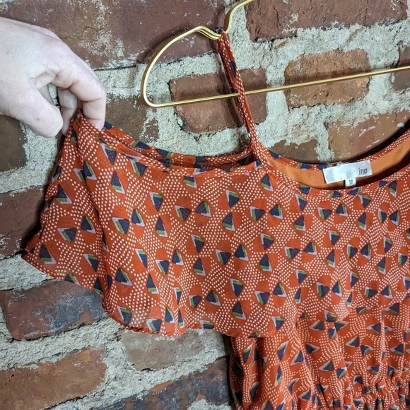 PNIINA Medium Orange Abstract‎ Asymmetrical Off the Shoulder Lined Dress - Picture 3 of 11